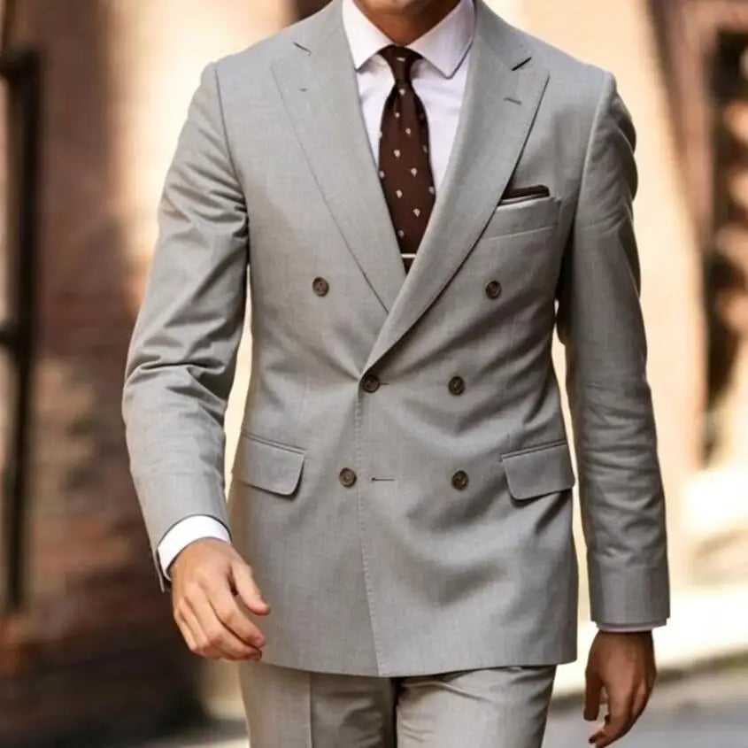 Casual Summer 2 Piece Men Suits Classic Fit Double Breasted Blazer Pants Formal Wedding Tuxedo Groom Clothes Business Male Suit