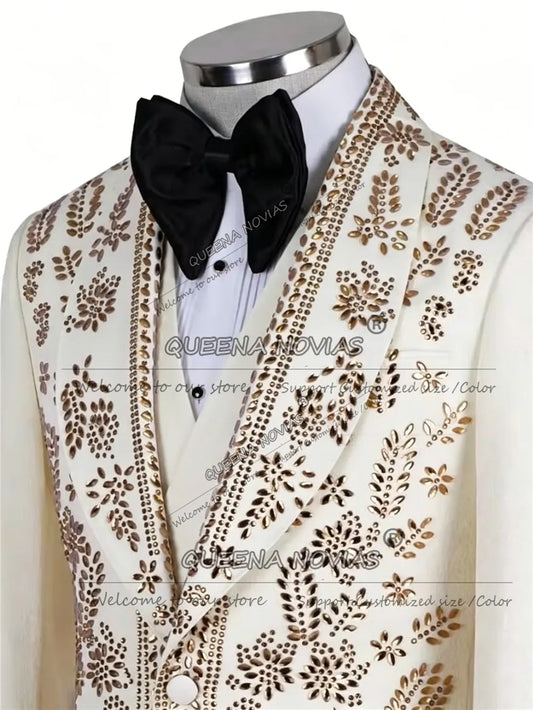Brilliant Beading Stones Suit Man For Wedding Slim Fit 3 Piece Sets Groom Formal Wear Wedding Tuxedos Customized Male Outfits